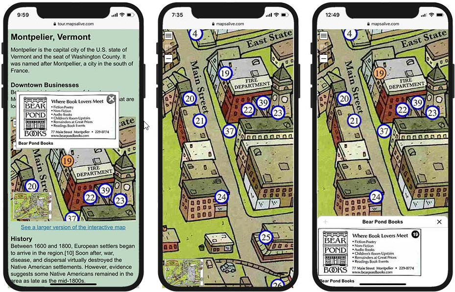Screenshots showing an interactive map with and without mobile mode.